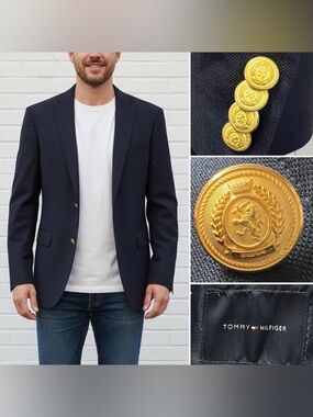 Tommy Hilfiger Men’s 44L Navy Wool Gold Button Sport Coat Blazer Jacket